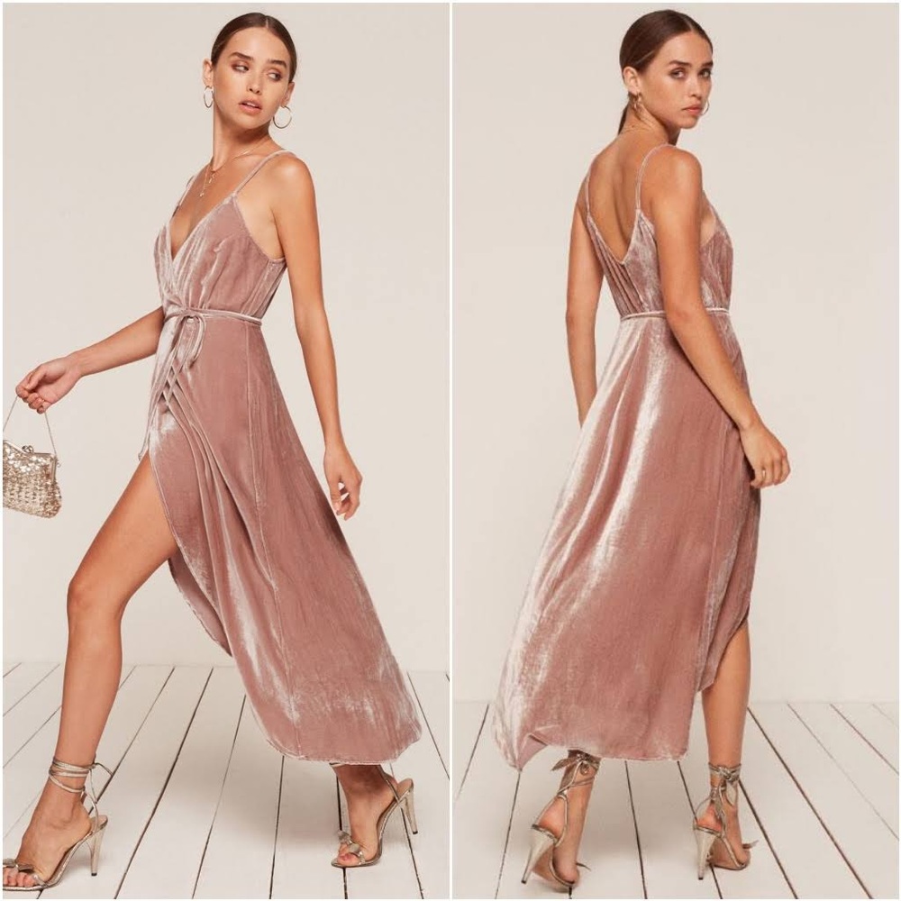 Reformation Anoush Velvet Wrap Dress in Blush